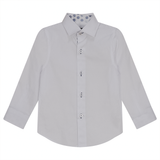 Load image into Gallery viewer, Boys Long Sleeve White Button Down Shirt With Contrast Print Inside Neck
