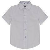 Load image into Gallery viewer, Boys Short Sleeve White Button Down Shirt With Contrast Print Inside Neck
