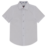 Load image into Gallery viewer, Boys Short Sleeve White Button Down Shirt With Contrast Print Inside Neck
