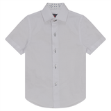 Load image into Gallery viewer, Boys Short Sleeve White Button Down Shirt With Contrast Print Inside Neck
