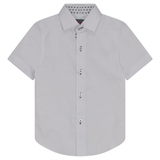 Load image into Gallery viewer, Boys Short Sleeve White Button Down Shirt With Contrast Print Inside Neck
