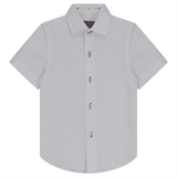 Load image into Gallery viewer, Boys Short Sleeve White Button Down Shirt With Contrast Print Inside Neck
