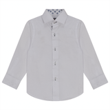 Load image into Gallery viewer, Boys Long Sleeve White Button Down Shirt With Contrast Print Inside Neck
