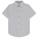 Load image into Gallery viewer, Boys Short Sleeve White Button Down Shirt With Contrast Print Inside Neck
