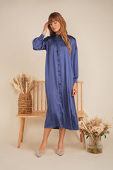 Load image into Gallery viewer, Ladies Dress with hiden buttons going down, self smocking belt,sleeves with cuffs
