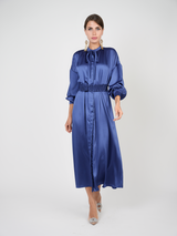 Load image into Gallery viewer, Ladies Dress with hiden buttons going down, self smocking belt,sleeves with cuffs
