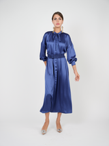 Load image into Gallery viewer, Ladies Dress with hiden buttons going down, self smocking belt,sleeves with cuffs
