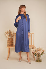 Load image into Gallery viewer, Ladies Dress with hiden buttons going down, self smocking belt,sleeves with cuffs
