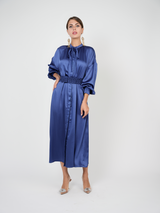 Load image into Gallery viewer, Ladies Dress with hiden buttons going down, self smocking belt,sleeves with cuffs
