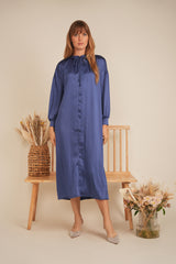 Load image into Gallery viewer, Ladies Dress with hiden buttons going down, self smocking belt,sleeves with cuffs
