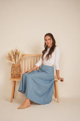 Load image into Gallery viewer, Ladies Skirt 35", Leather waistband, Stretch Denim
