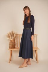 Load image into Gallery viewer, Ladies Skirt 35", Leather waistband, Stretch Denim
