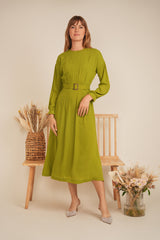 Load image into Gallery viewer, Ladies Dress  with box pleated look waist , back zipper, bubble sleeeves
