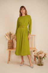 Load image into Gallery viewer, Ladies Dress  with box pleated look waist , back zipper, bubble sleeeves
