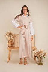 Load image into Gallery viewer, Ladies Dress  midi length, raglan short sleeve, self belt , elastic on waist LINING
