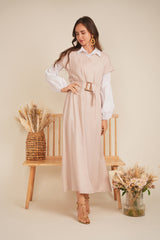 Load image into Gallery viewer, Ladies Dress  midi length, raglan short sleeve, self belt , elastic on waist LINING
