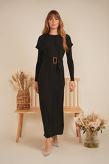 Load image into Gallery viewer, Ladies Dress  midi length, raglan short sleeve, self belt , elastic on waist LINING
