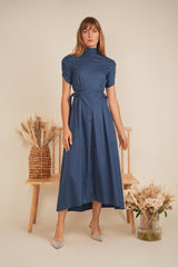 Load image into Gallery viewer, Ladies Dress with short sleeves, side small self belts with rings
