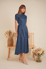 Load image into Gallery viewer, Ladies Dress with short sleeves, side small self belts with rings
