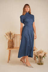 Load image into Gallery viewer, Ladies Dress with short sleeves, side small self belts with rings
