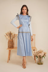 Load image into Gallery viewer, Ladies Dress with contrast ribbon on waist and hipps , no sleeves, back zipper
