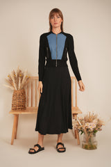 Load image into Gallery viewer, Ladies Ribbed Knit With Denim Trim Zip Up
