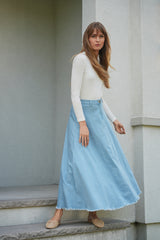 Load image into Gallery viewer, Ladies Maxi Denim A Line Fringe Skirt
