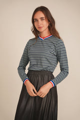 Load image into Gallery viewer, Ladies Striped Multi Color V Neck Tee

