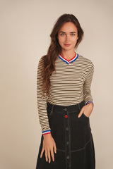 Load image into Gallery viewer, Ladies Striped Multi Color V Neck Tee
