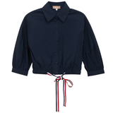 Load image into Gallery viewer, Ladies Solid Cropped Ribbon Blouse
