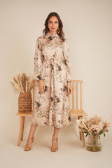 Load image into Gallery viewer, Ladies Printed Satin Belted Shirt Dress
