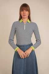 Load image into Gallery viewer, Ladies Stripped Ribbed Zipper Henley Tee
