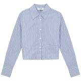 Load image into Gallery viewer, Ladies Cropped Striped Button Down Blouse
