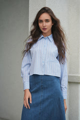 Load image into Gallery viewer, Ladies Cropped Striped Button Down Blouse

