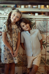 Load image into Gallery viewer, Girls Linen With Tree Print Dress With Embroidered Collar
