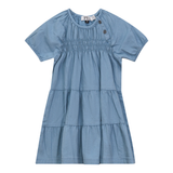 Load image into Gallery viewer, Girls Denim Tiered Dress With Smock Stitches
