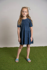 Load image into Gallery viewer, Girls Denim Tiered Dress With Smock Stitches
