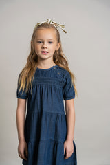 Load image into Gallery viewer, Girls Denim Tiered Dress With Smock Stitches
