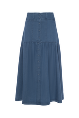 Load image into Gallery viewer, Ladies Woven Denim Teen Midi Length With Asymetric Yoke Skirt
