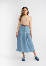 Load image into Gallery viewer, Ladies Woven Denim Teen Midi Length With Asymetric Yoke Skirt
