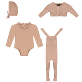 Load image into Gallery viewer, Baby Girls Jersey Onesie With Knitted Overall And Cardigan Set (4PC)
