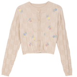 Load image into Gallery viewer, Teens Checkered Knit Cropped Cardigan With EMB Flowers
