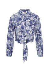 Load image into Gallery viewer, Ladies Denim Printed Linen Tie Blouse
