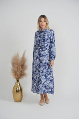 Load image into Gallery viewer, Ladies Denim Printed Linen Tie Blouse
