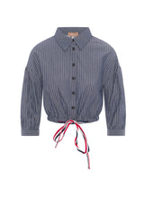 Load image into Gallery viewer, Ladies Striped Cropped Ribbon Blouse
