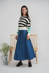 Load image into Gallery viewer, Ladies Pinched Midi Denim Skirt
