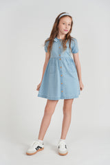 Load image into Gallery viewer, Girls Woven Denim Dress With Fringe At Collar
