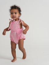 Load image into Gallery viewer, Girls Woven Denim Baby Bubble Overall With Fringe Edges
