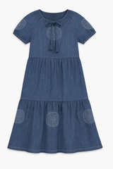 Load image into Gallery viewer, Girls Denim Dress With Crochet Lace Trim
