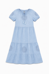 Load image into Gallery viewer, Girls Denim Dress With Crochet Lace Trim
